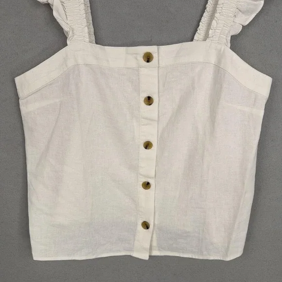 J Crew Shirt Womens Large White Linen Blend Ruffle Strap Button Front Tank - Picture 3 of 13